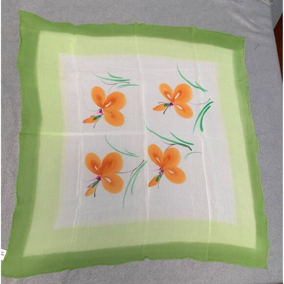 Vintage Floral Silk Scarf Handkerchief with Orange Flowers Green Border - Picture 7 of 8